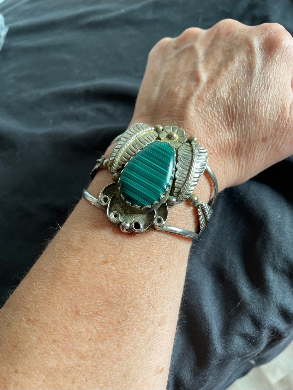 Sterling Silver Cuff Bracelet with Green Malachite Center- Adustable - Picture 8 of 9